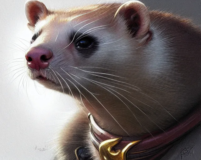 Prompt: close up of a ferret with scars and a face tattoo, deep focus, d & d, fantasy, intricate, elegant, highly detailed, digital painting, artstation, concept art, matte, sharp focus, illustration, hearthstone, art by artgerm and greg rutkowski and alphonse mucha
