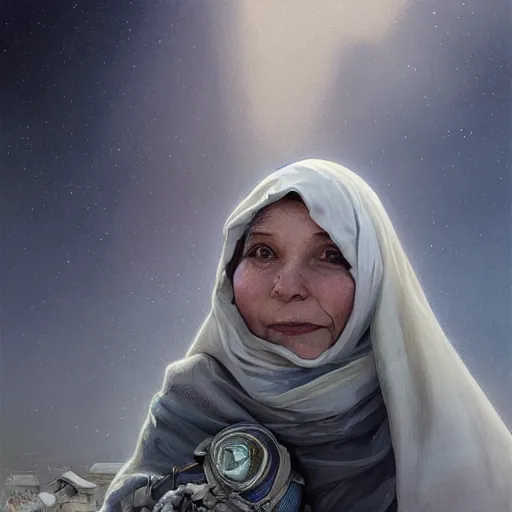 Image similar to A close up futuristic portrait of a babushka on the street of a Russian sleeping quarters on the moon, Norilsk, sci-fi, fantasy, intricate, very very beautiful, elegant, highly detailed, digital painting, artstation, concept art, smooth, sharp focus, illustration, art by artgerm and greg rutkowski and alphonse mucha