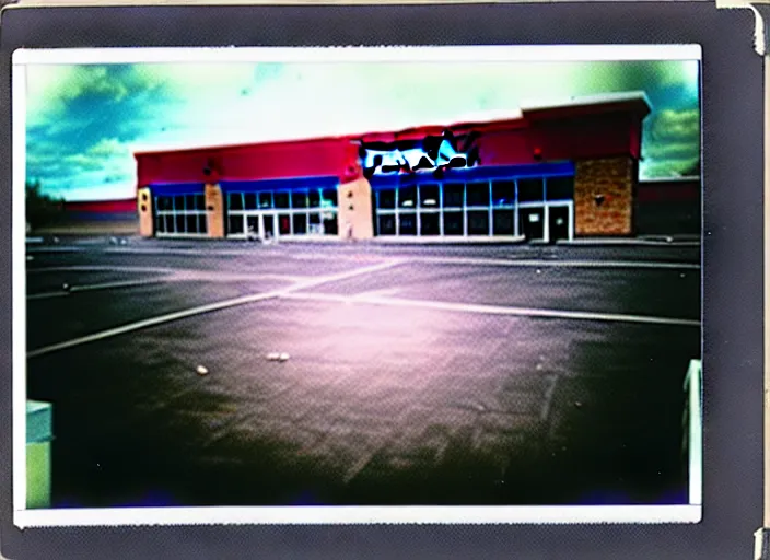 Image similar to polaroid photograph of an empty blockbuster store parking lot, liminal space, familiar place, mannequins, black mold, amateur, unreal engine, photorealistic, trending on artstation