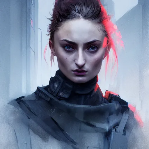 Image similar to sophie turner, streetwear, techwear, cyberpunk style outfit, nose piercing, detailed portrait, intricate complexity, by greg rutkowski, cushart krentz, artgerm, ross tran, conrad roset, takato yomamoto, ilya kuvshinov. 4 k, beautiful, cinematic dramatic atmosphere, portrait lighting