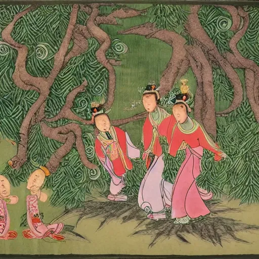 Prompt: chinese fairytale story of ginseng fairies playing and jumping around in the deep forest
