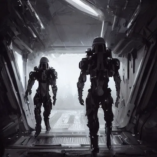 Prompt: concept art by greg rutkowski, soldiers in white and black futuristic tactical gear, running through the corridors of the ship, claustrophobic and futuristic, brutalistic environment, scifi, detailed and intricate environment, high technology, highly detailed portrait, digital painting, artstation, concept art, smooth, sharp foccus ilustration, artstation hq.
