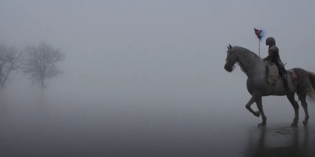 Prompt: armored knight riding white horse into the fog, reflections in rain puddles, distant war fires