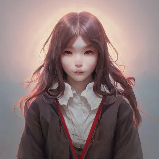 Prompt: a cute fourteen year old japanese girl, evil smile, freckles!!!, fully clothed, highly detailed, digital painting, artstation, concept art, sharp focus, illustration, cinematic lighting, art by artgerm and greg rutkowski and alphonse mucha