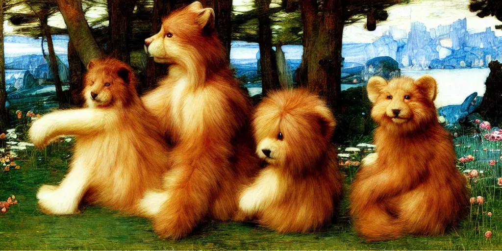 Image similar to 3 d precious moments plush animal, realistic fur, master painter and art style of john william waterhouse and caspar david friedrich and philipp otto runge