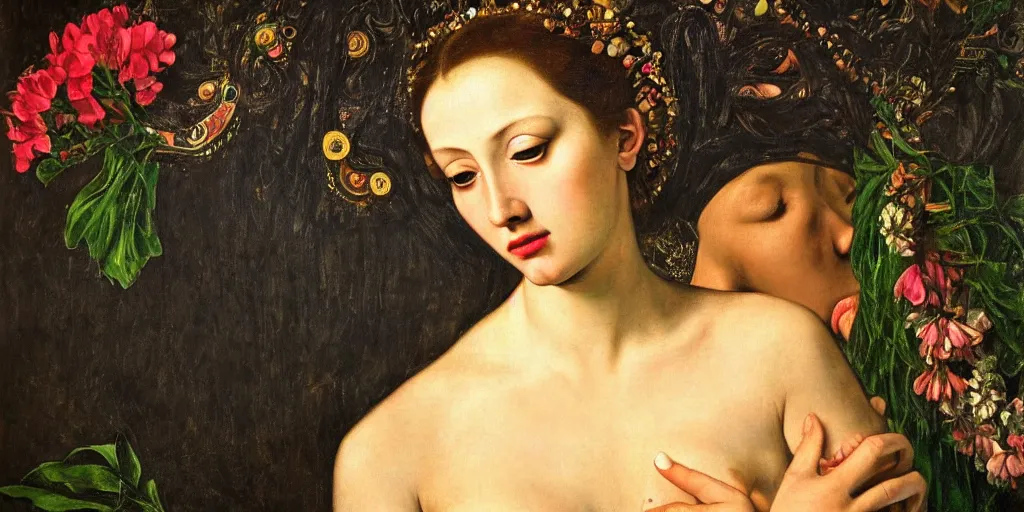 Image similar to a portrait of a very beautiful goddess with a halo behind her head, seductively looking in front, closeup, beautiful aesthetic face, in the style of Caravaggio and Vermeer and Gustav Klimt, realistic, dark, dramatic lighting, large flowers in the background