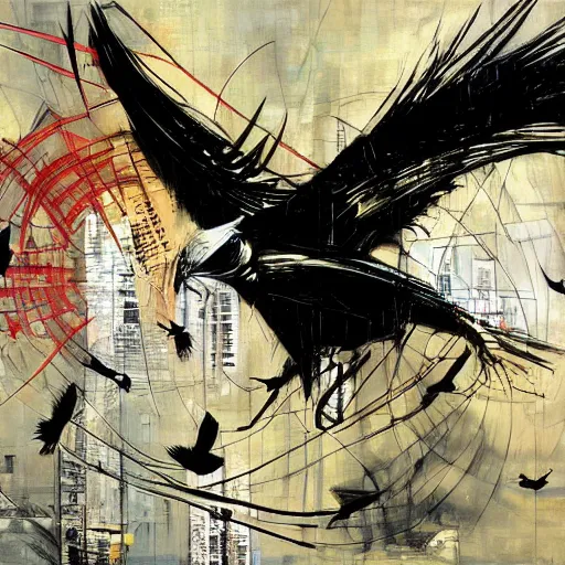 Image similar to a bird moving between urban informatics and computational social science, oil on canvas by dave mckean and yoji shinkawa