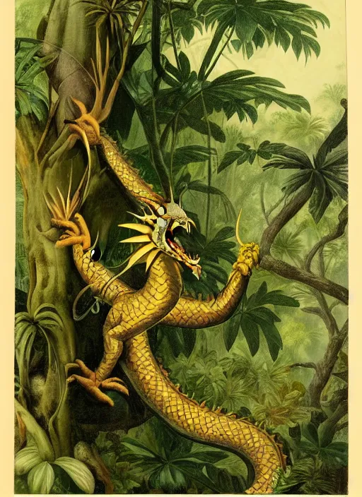 Prompt: vintage dragon in a tropical forest, john james audubon