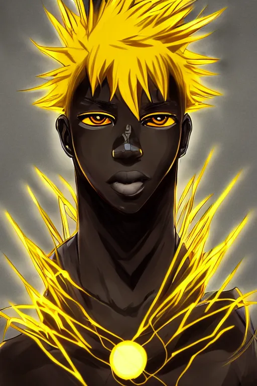 Image similar to glowing black male anime character, golden hair, yellow eyes, symmetrical, highly detailed, digital art, sharp focus, trending on art station, crazy hair, electricity superpowers, anime art style
