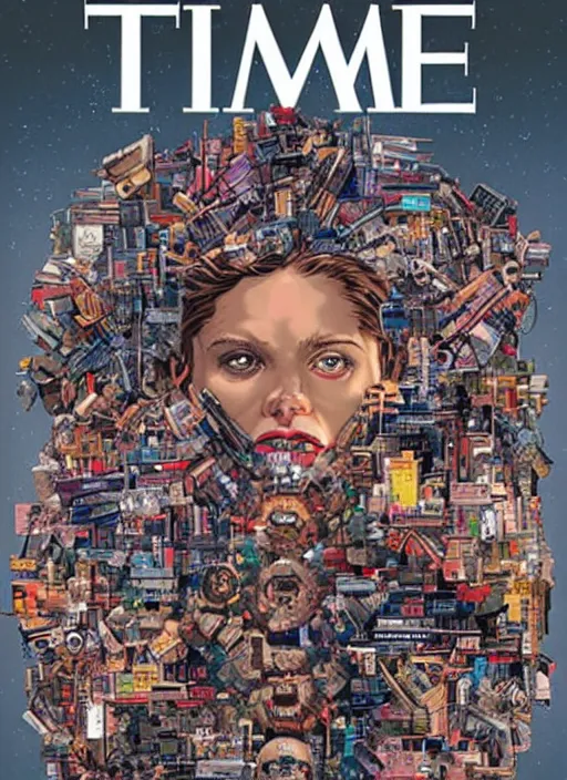 Prompt: TIME magazine cover, the coming AI singularity, by Dan Mumford and Sandra Chevrier