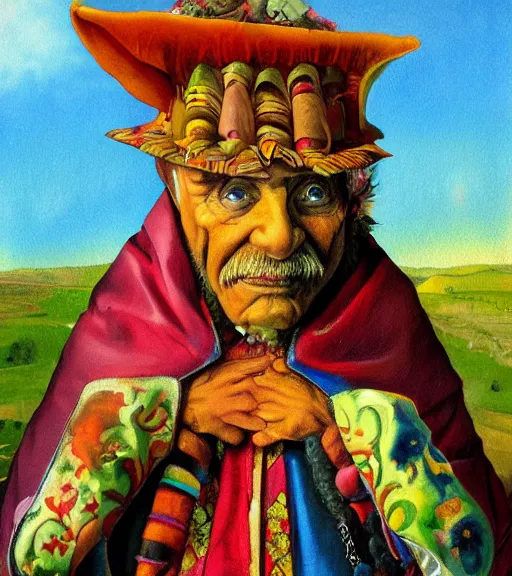 Prompt: Portrait painting in a style of Hieronim Bosch of an old shaman dressed in a colorful traditional clothes.