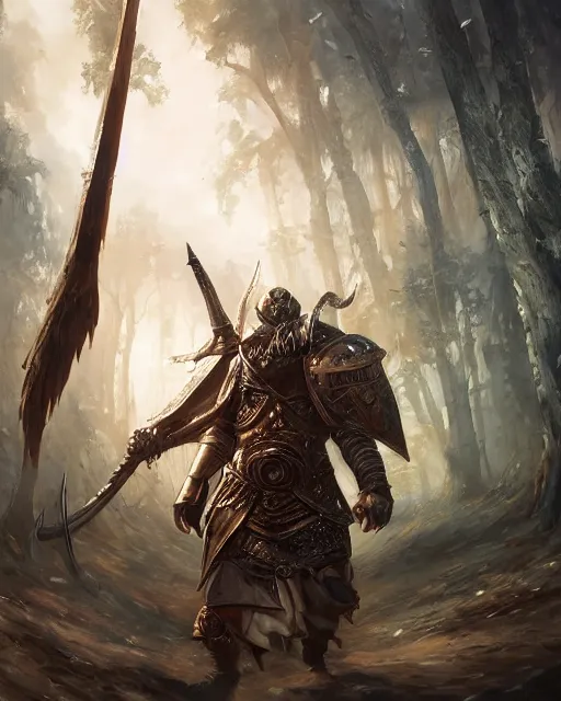 Image similar to Huge fishheaded warrior in armor, portrait, woodlands, magic the gathering artwork, D&D, fantasy, cinematic lighting, centered, symmetrical, highly detailed, digital painting, artstation, concept art, smooth, sharp focus, illustration, volumetric lighting, epic Composition, 8k, art by Akihiko Yoshida and Greg Rutkowski and Craig Mullins, oil painting, cgsociety