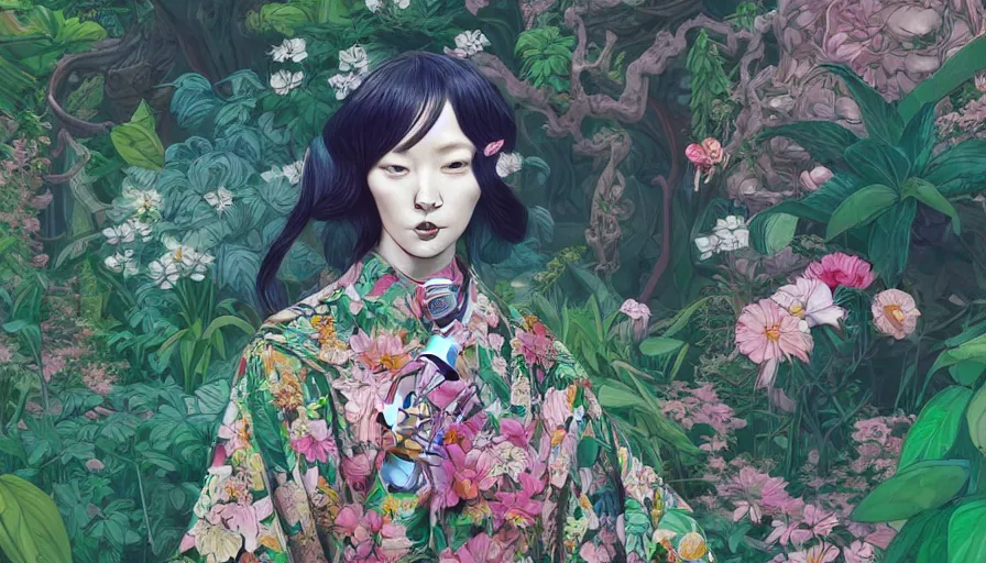 Image similar to a digital painting of a woman wearing gucci exploring a magical japanese temple, lush plants and flowers, eco - cyberpunk art by james jean, cgsociety, retrofuturism, anime aesthetic, chromatic, iridescent, uhd