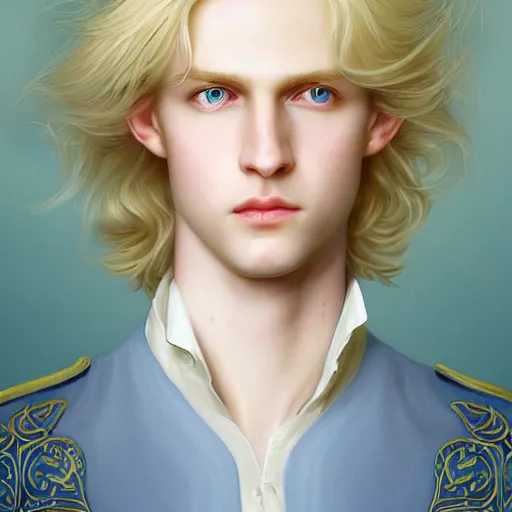 Prompt: Portrait of magical blond prince, very very very very pale white skin, long silky rich golden hair, dreamy and ethereal, pastel blue eyes, peaceful expression, ornate frilly regal shirt, fantasy, intricate, elegant, dynamic lighting, highly detailed, digital painting, artstation, concept art, smooth, sharp focus, illustration, art by artgerm and greg rutkowski and alphonse mucha