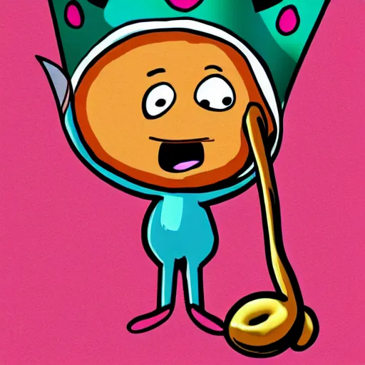 Image similar to kidney bean holding a staff, wearing crown, cartoon character, digital art, fun,