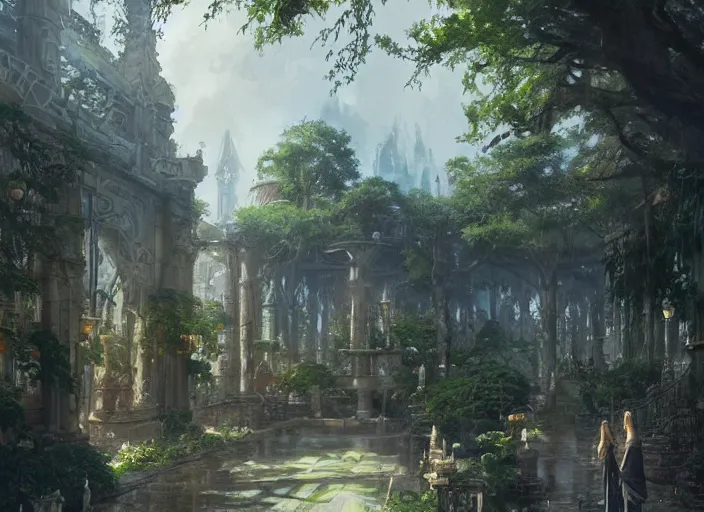 Image similar to A wide open courtyard in a beautiful elven city made of ivory, anime, lush trees, fountain, a fantasy digital painting by Greg Rutkowski and James Gurney, trending on Artstation, highly detailed