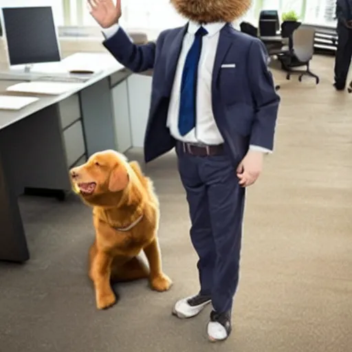 Image similar to Business dog waving goodbye to his dog coworkers