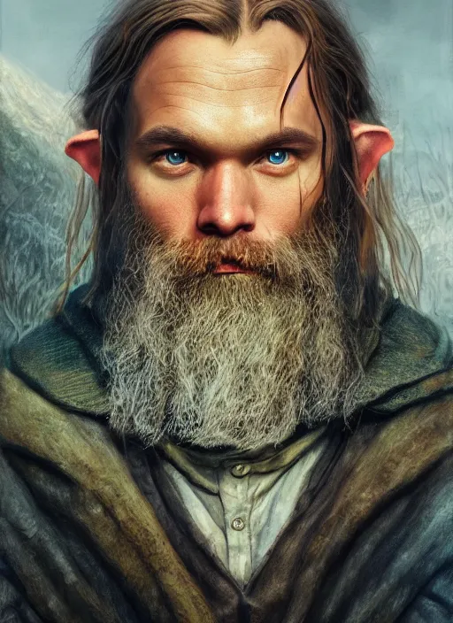 Image similar to portrait of pewdiepie as a hobbit, happy hobbit eating, by alan lee, lord of the rings, smooth, oil painting, matte painting, concept art, trending on artstation, promotional artwork, film still, elegant, photorealistic facial features, intricate, detailed face, cinematic lighting