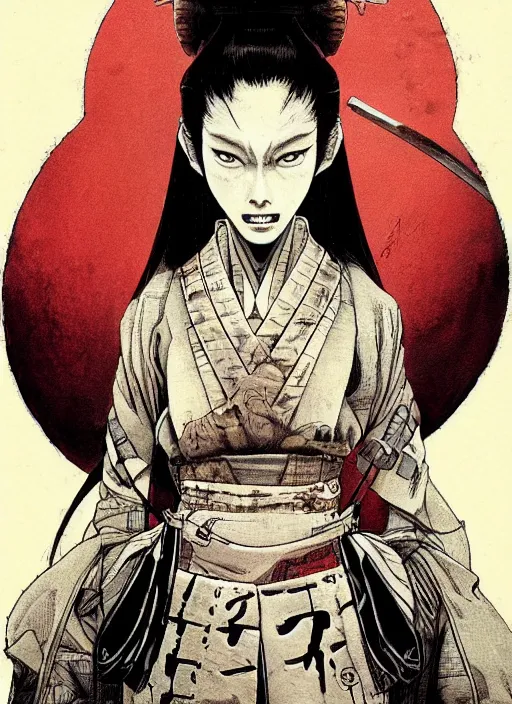 Prompt: a samurai woman with a horrific alien head, by takehiko inoue and kim jung gi and hiroya oku, masterpiece illustration, ultrarealistic, perfect face and anatomy, golden ratio