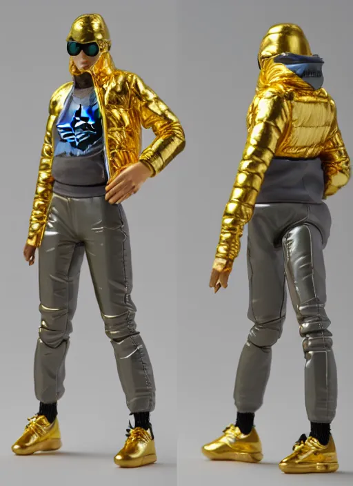 Prompt: accurate detailed pvc inflated gold & teal colored action figure fashion god, full body, futuristic, concept art, character only, detailed art, puffy adidas streetwear, figurine!!!, studio lighting, grey background, no shadow, trending on artstation, 4 k, sharp, highly - detailed, focus on face!!!