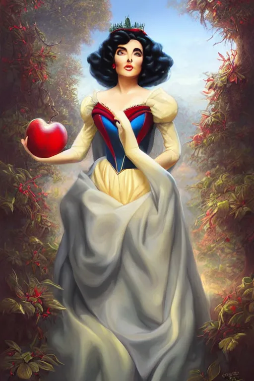 Prompt: beautiful hq matte painting of elizabeth taylor as snow white, by peter mohrbacher greg rutowski