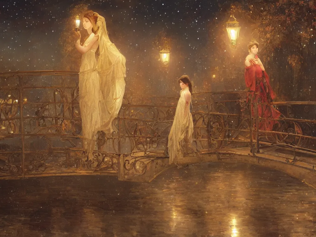 Prompt: a beautiful painting of a girl standing on a bridge, watching the view from the river of the lantern festival in a an ancient italian town, at night with a sky full of stars, intricate, elegant, highly detailed, digital painting, artstation, concept art, by krenz cushart and artem demura and alphonse mucha