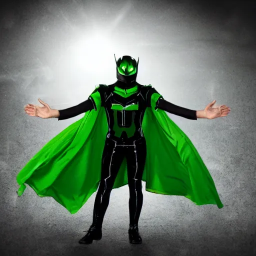 Prompt: sci fi superhero in green and black armor with a long golden cape with green energy coming from his hands