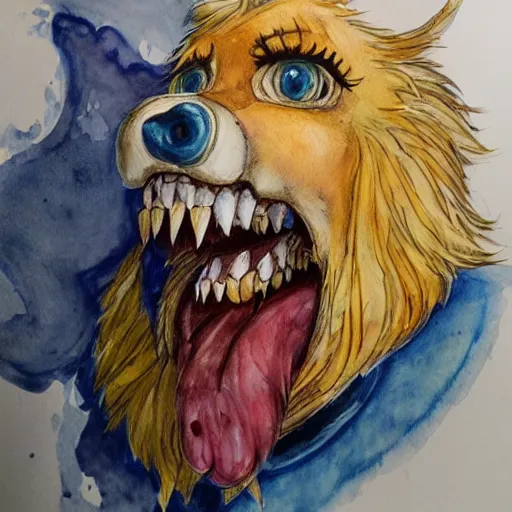 Image similar to water color on paper, chica animatronic portrait, highly detailed, artstation, masterpiece, award - winning,