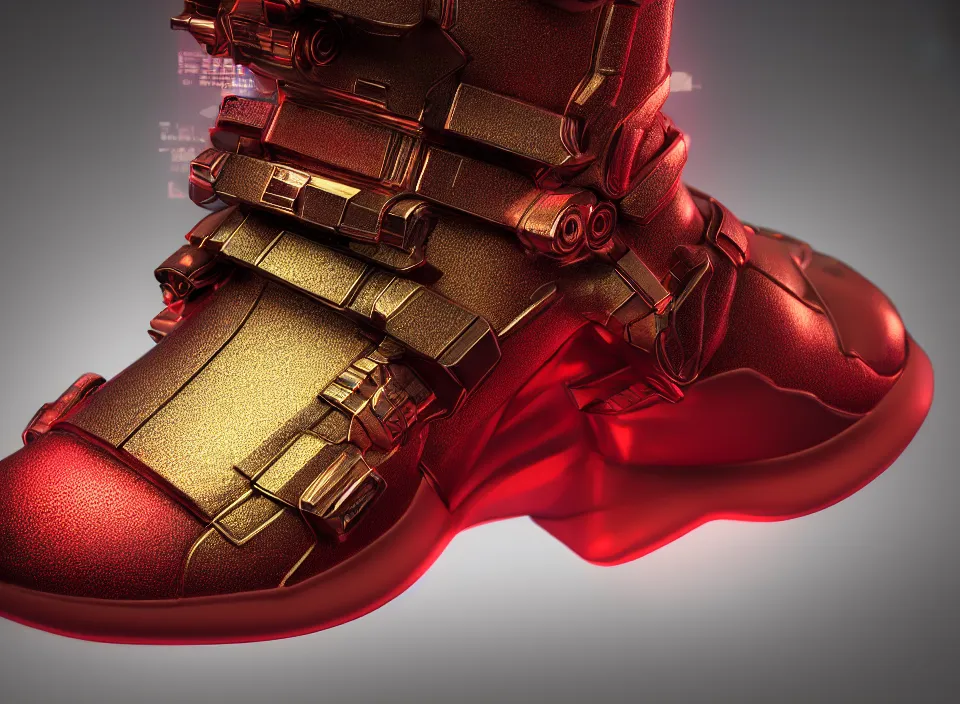 Prompt: realistic 3 d render of a cyberpunk android sneaker, beautiful studio lighting, soft, sharp focus, neon cyberpunk highlights, intricate detail, gold and red accents, soft rubber, octane render, side view, close up, trending on artstation, deviantart, moebius, lloyd wright, feng zhu