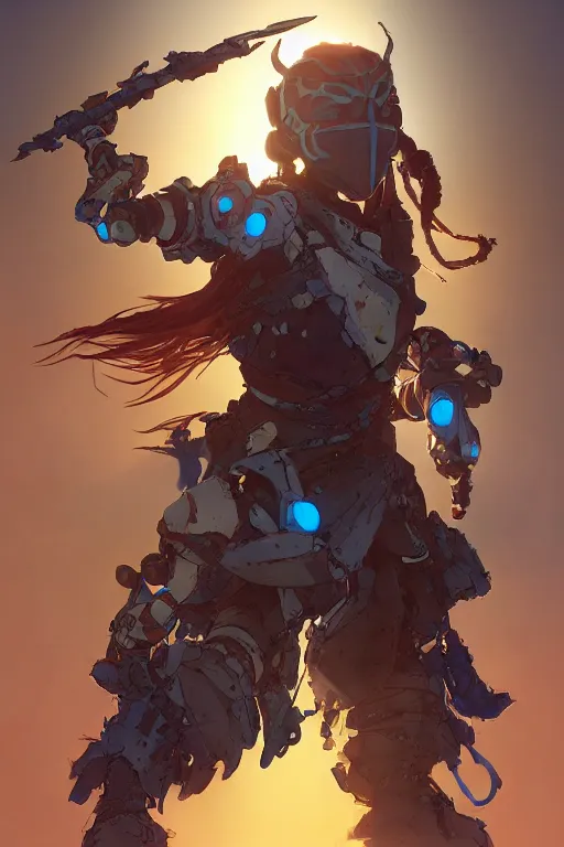 Image similar to combination suit armor aloy horizon forbidden west horizon zero dawn robot ninja mask helmet backpack tribal, art gta 5 comics, official fanart behance hd artstation by jesper ejsing, by rhads, makoto shinkai and lois van baarle, ilya kuvshinov, ossdraws radiating a glowing aura cgi rtx 2 0 2 2