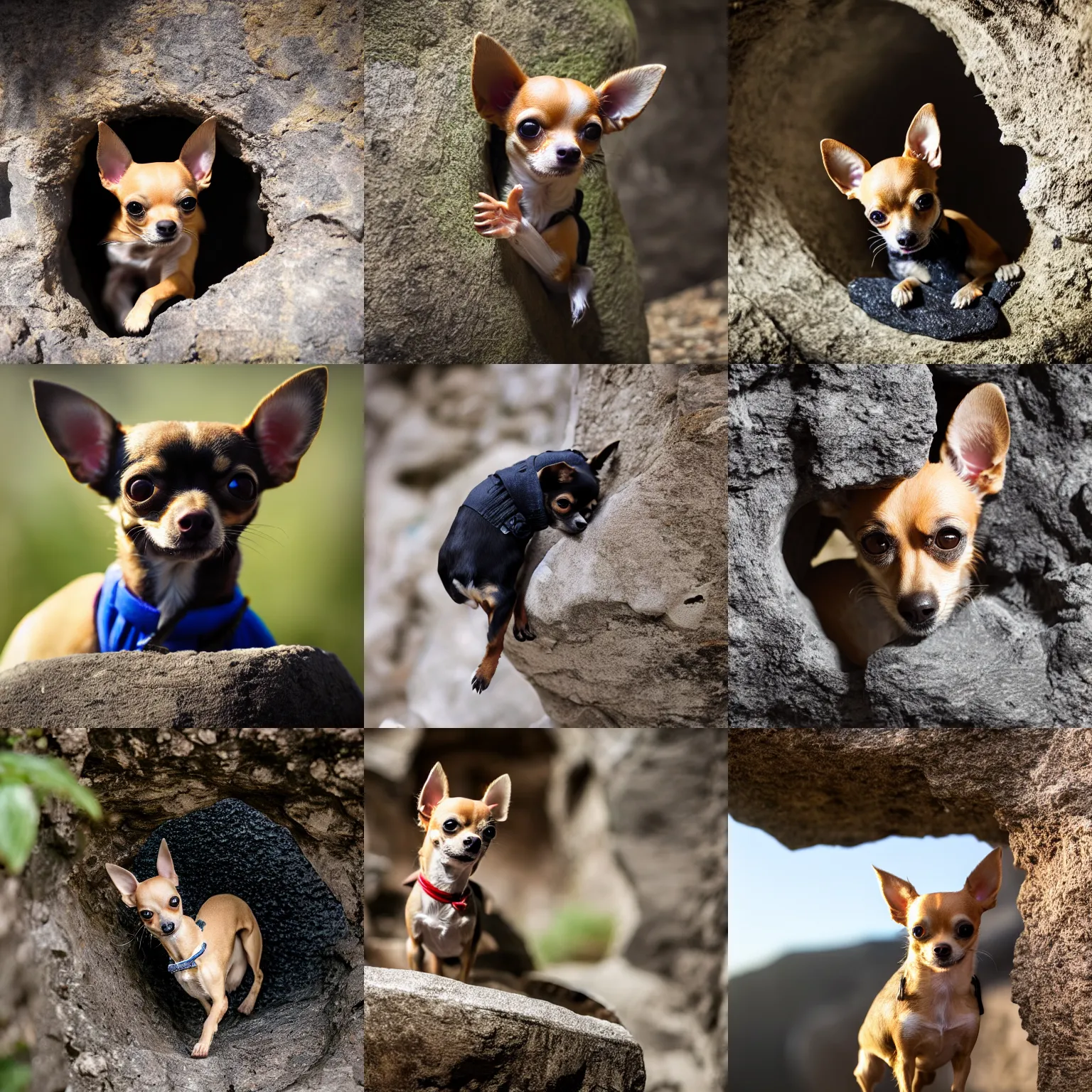 Prompt: high quality photo of a Chihuahua emerging from a stone well, wearing climbing gear and covered in soot