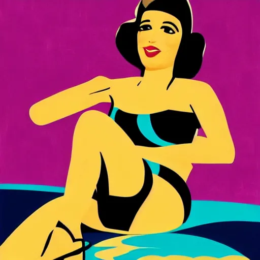 Image similar to retro poster with a painting of a woman in a bathing suit sitting on a boat, an art deco painting by tom whalen, trending on behance, art deco, digital illustration, storybook illustration, art deco, flat shading, vector art, airbrush