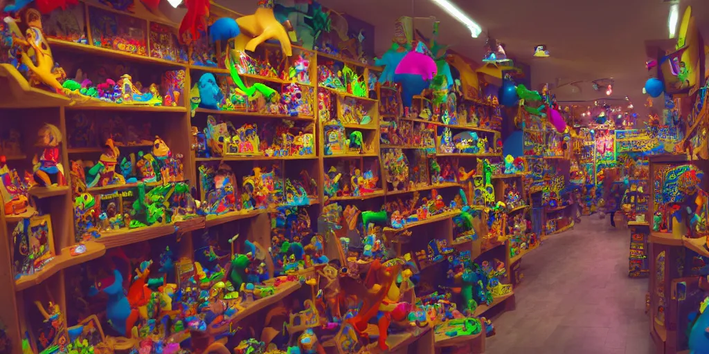 Image similar to Inside a toy shop, toys on shelves, fantasy vendor interior, wide angle, cinematic, highly detailed, photorealistic, rich bright colors, trending on artstation, trending on cgsociety