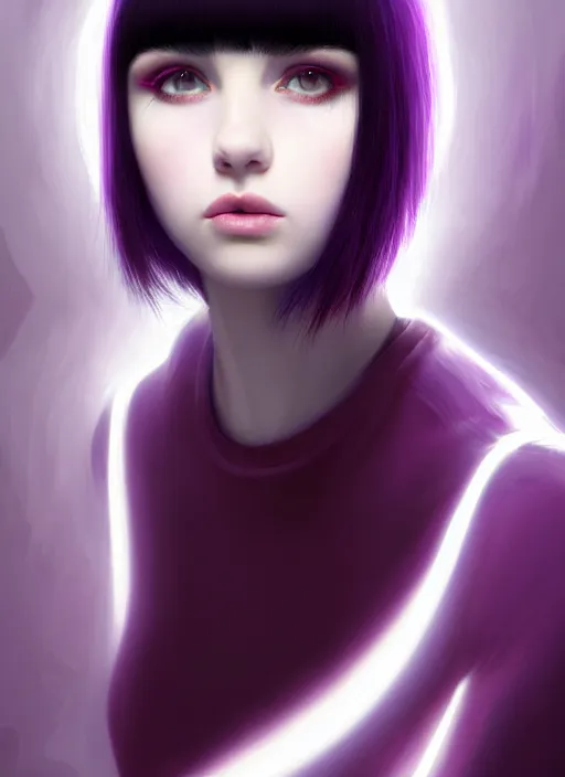 Image similar to portrait of teenage girl with white bangs, red irises, black hair, purple clothes, white bangs, bangs are different color from hair, intricate, front of hair is white rest is black, elegant, glowing lights, highly detailed, digital painting, artstation, concept art, smooth, sharp focus, illustration, art by wlop, mars ravelo and greg rutkowski