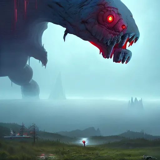 Image similar to giant creature lurking over a cowering smaller creature, in the foreground a small town, epic science fiction horror digital matte painting by Simon Stalenhag and Mark Brooks, extremely detailed, artstation