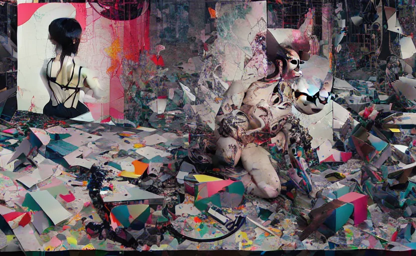 Image similar to decollage painting of a balenciaga campaign struggling in a ruined city by adrian ghenie and takato yamamoto and edward hopper and mark ryden and tsutomu nihei, part by bridget riley, acrylic pour and splashing paint, very coherent, baroque elements, perfect anatomy, intricate design. pop art.