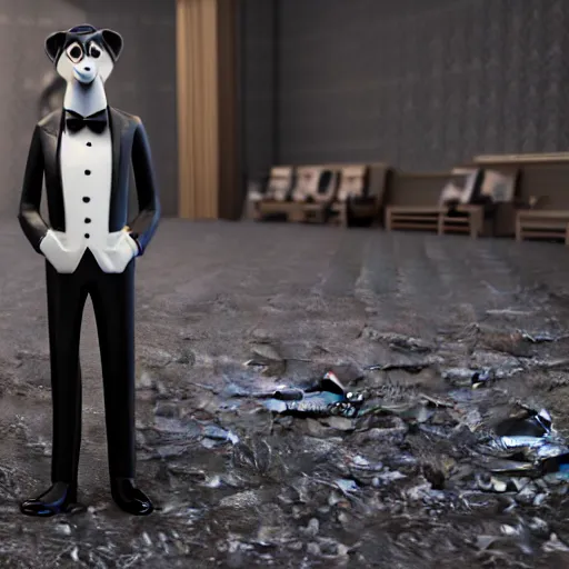 Image similar to 3 d render of a wolf as a gentleman wearing tuxedo in the pixar style, smooth render, unreal engine 5, wet reflections