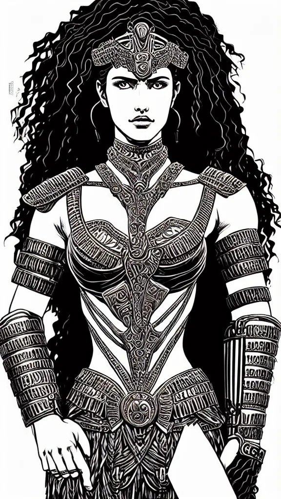 Image similar to greek amazon warrior, a tall beautiful woman with brown skin and long curly dark hair, dressed in hellenistic body armour, intricate, elegant, highly detailed, smooth, sharp focus, detailed face, high contrast, graphic novel, black and white, art by laurie greasley