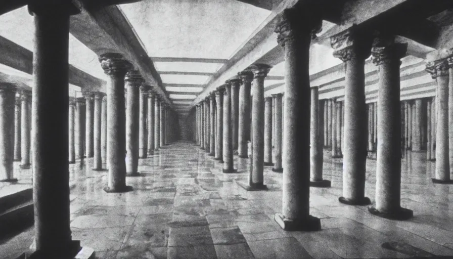 Image similar to 1 9 7 0 s andrei tarkovsky movie still of a pyramid building with columns, by piranesi, panoramic, ultra wide lens, cinematic light, anamorphic