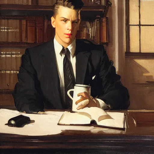 Image similar to man in desk with coffee and black suit by leyendecker and dean cornwell, 5 feet distance from the camera