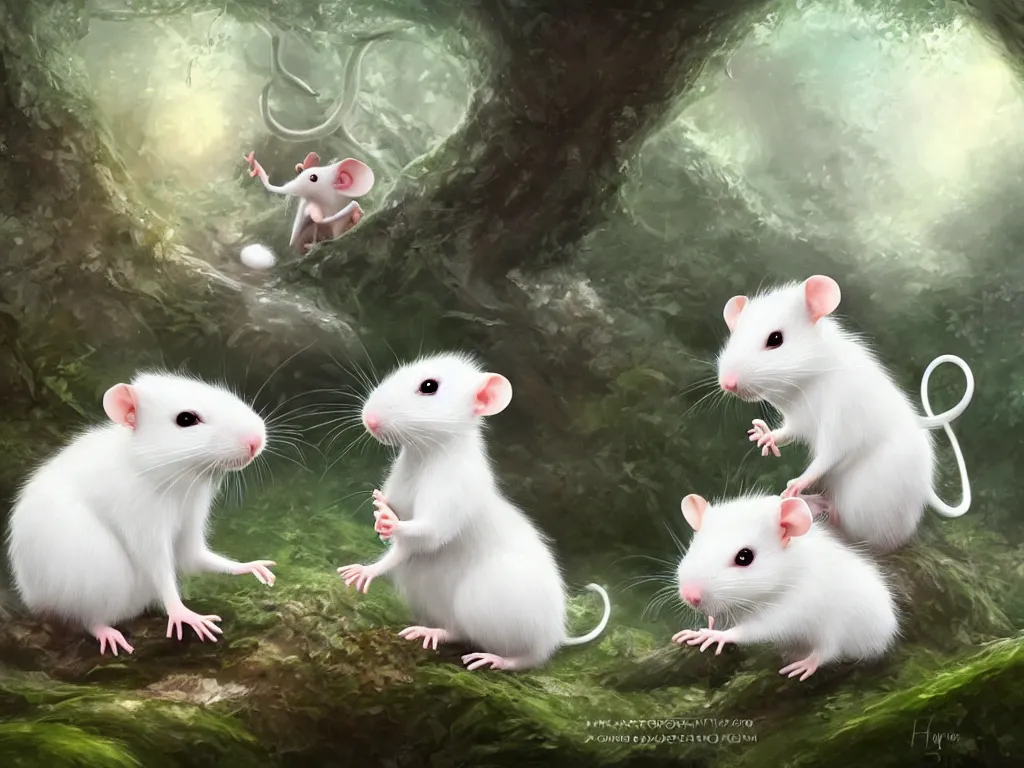 Image similar to two cute white rats in the dreamy forest, fantasy, dreamlike, 8 k resolution, hyper detailed, d & d, character design, digital painting, trending on artstation, sharp focus, illustration, art by artgerm, viktoria gavrilenko, hoang lap, fuji choko, steve zheng