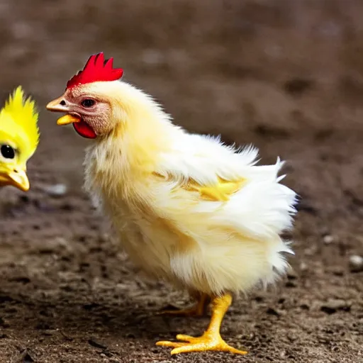 Image similar to a light yellowish downed baby chick is standing in a barnyard nearby there is a rooster and a birthday cake