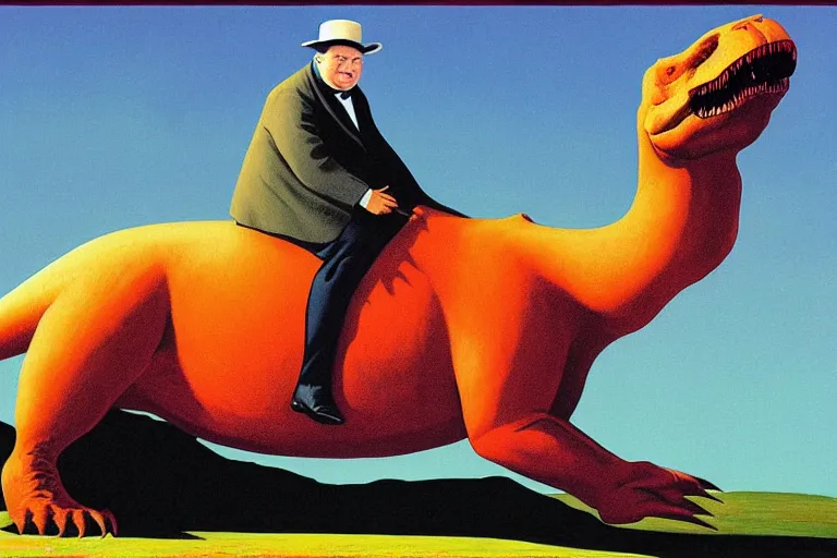 Image similar to Winston Churchill riding a T-Rex, painting by Jean Giraud and René Magritte