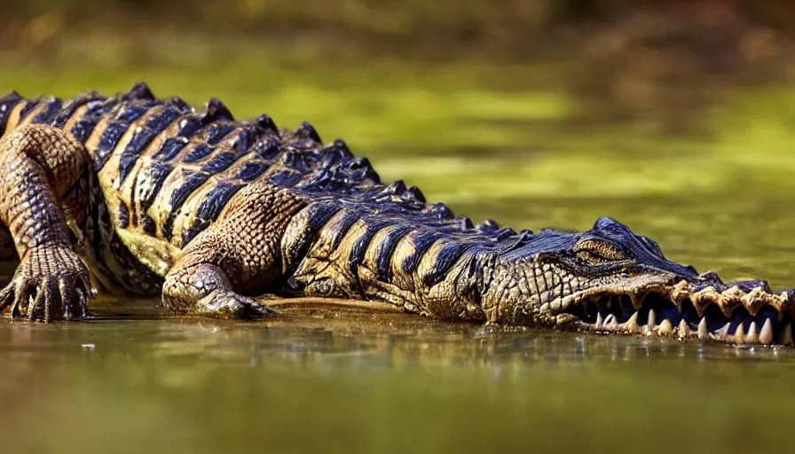 Image similar to an alligator tiger!!! hybrid! hyper realistic!! realistic lighting!! wildlife photographer of the year!!! bold natural colors, national geographic, hd, wide angle, 8 k