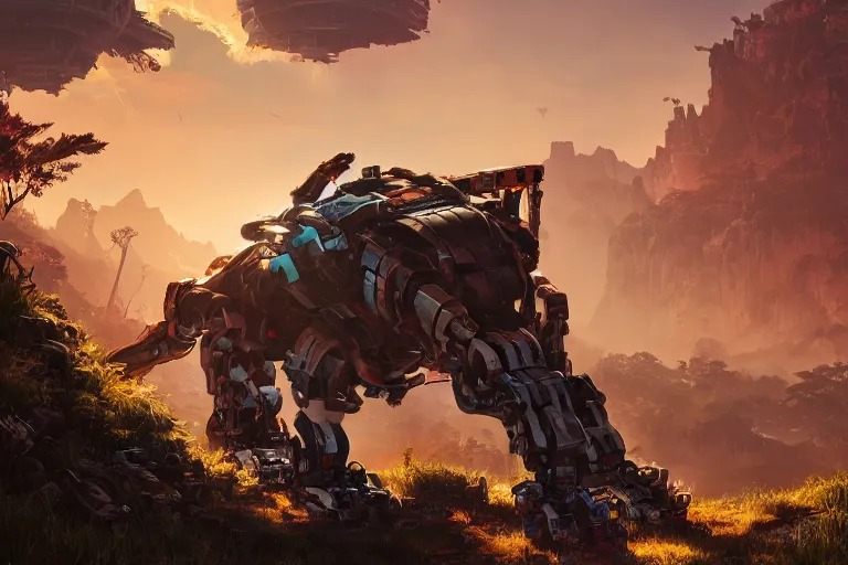 Image similar to scrapper machine mecanical creature robot of horizon forbidden west horizon zero dawn radiating a glowing aura global illumination ray tracing hdr fanart arstation by ian pesty and alena aenami artworks in 4 k