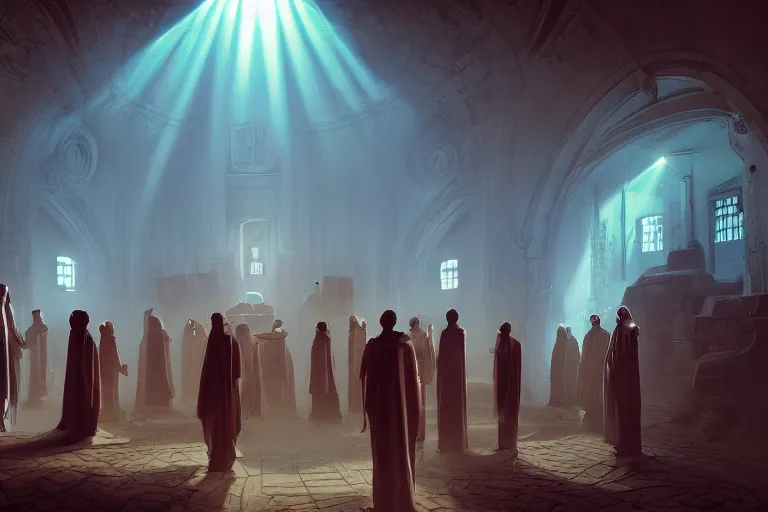 Image similar to cultist secret meeting with aliens taking place in an art deco townhall in a oriental medieval fantasy village. incredible voluminous indirect soft glow cinematic lighting, hyperdetailed features, movie still, intricate, octane render, unreal engine, crepuscular rays, god rays, by beeple and rhads and donato giancola