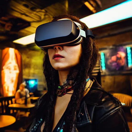 Image similar to a high quality portrait of a beautiful stunning pirate in a cyberpunk cyberpunk cyberpunk cafe wearing a VR visor, realism, 8k, award winning photo