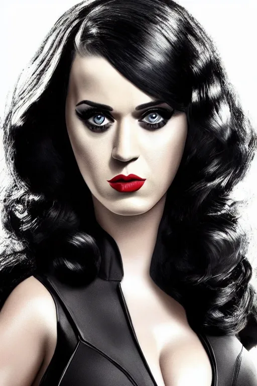 Image similar to katy perry as black widow in the avengers, portrait realistic photograph, very detailed face