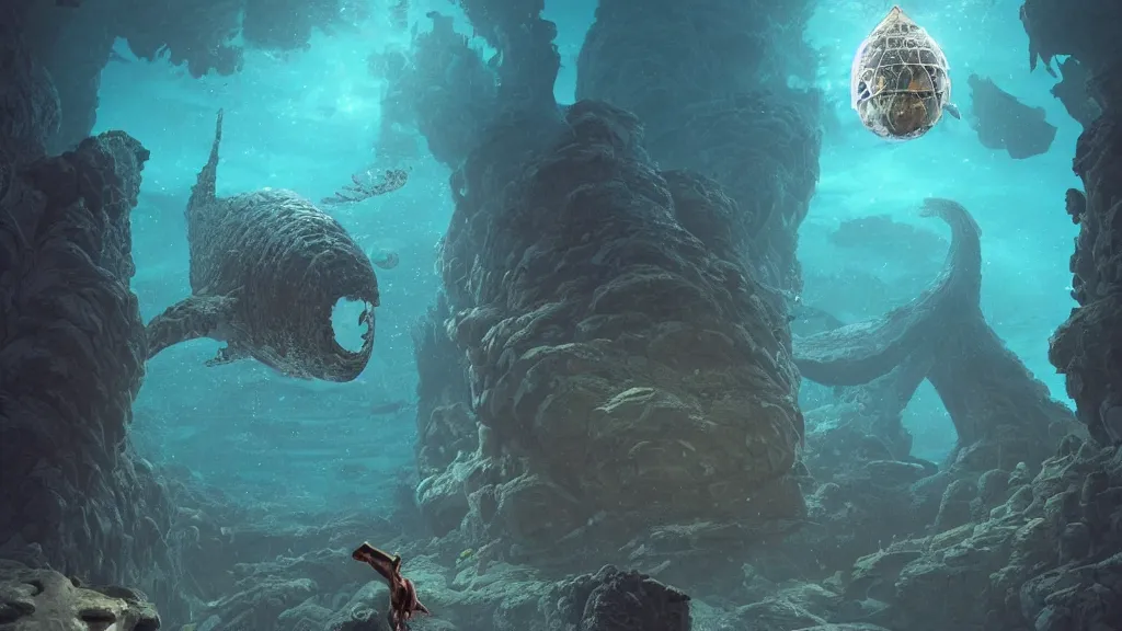 Image similar to An diver is under the sea, he has a big egg with him, he is swimming away from the giant Leviathan that is behind hunting him, the Leavithan is evil, this is an extravagant planet with wacky wildlife and some mythical animals, the background is full of ancient ruins, the ambient is dark with a terrifying atmosphere, by Jordan Grimmer digital art, trending on Artstation,