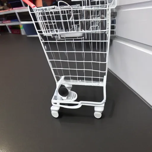 Image similar to shopping cart with cameras and sensors, ikea style, made of plastic and metal, white, hyper realistic